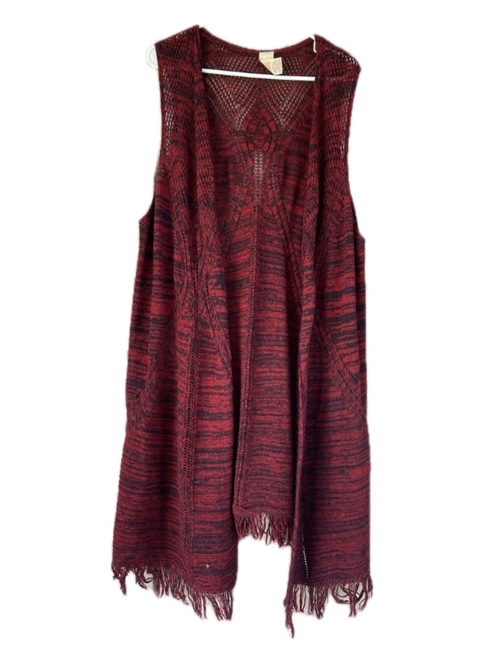 Boho Chic Western Burgundy Knit Fringe Cardigan Vest Open Front - Size 3X - 4X